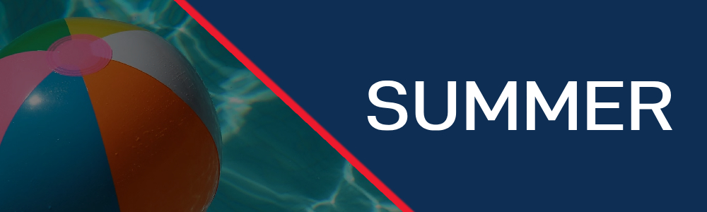 A multicolored beach ball floats in a pool next to a dark blue section with the word "SUMMER" in white text.