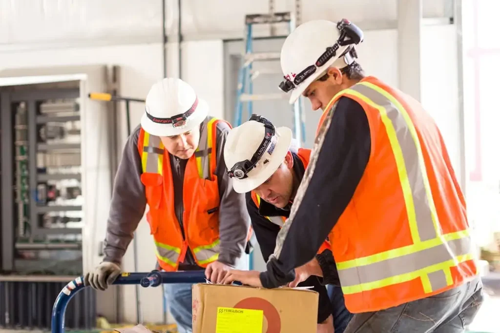 Three construction workers in orange vests and white helmets, accompanied by a Vancouver electrician, examine a box on a hand truck inside a building. A utility panel and a ladder are visible in the background.