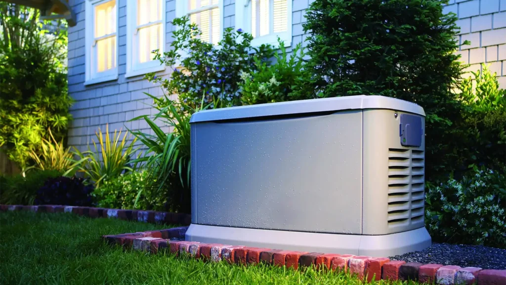 A gray standby generator installed on a brick platform outside a house with lit windows and surrounding vegetation, expertly set up by a skilled Vancouver electrician.